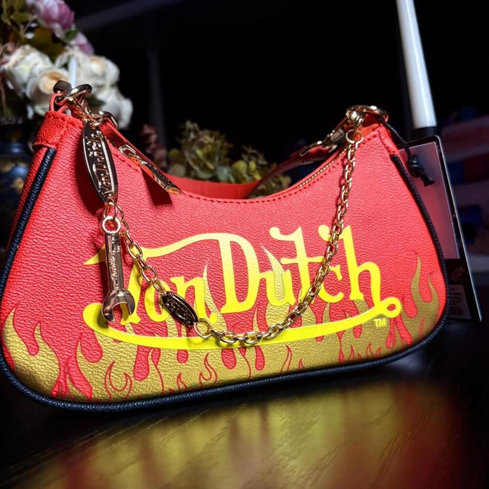 Von Dutch Red Flame Shoulder Bag Y2K Logo Chain Purse NWT